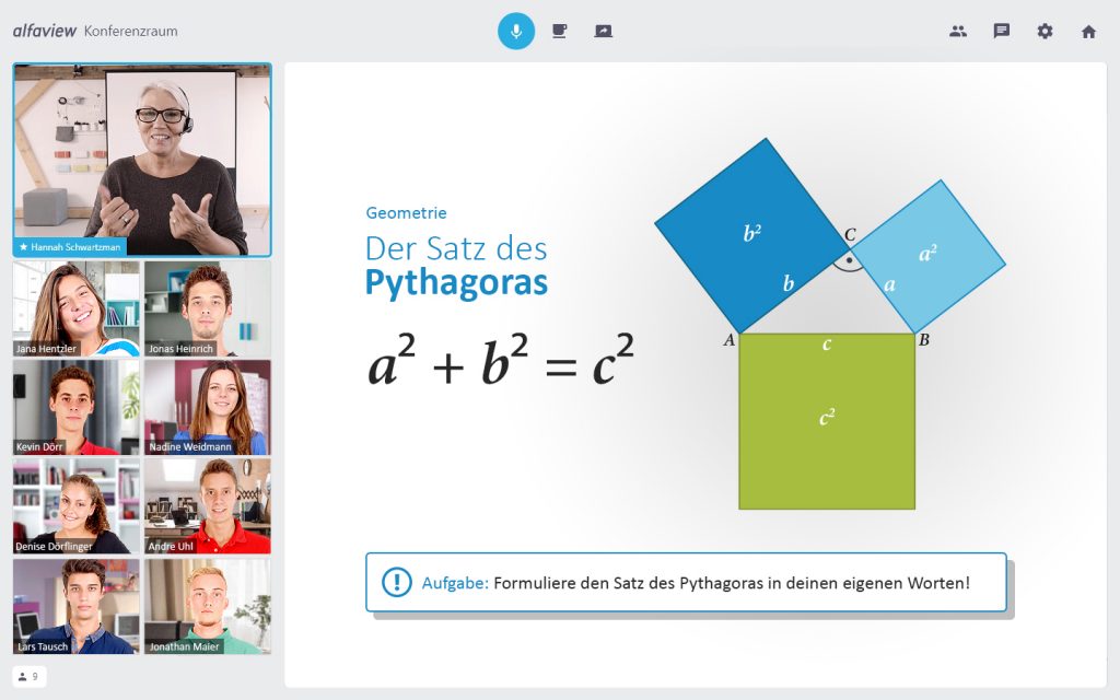 This image shows a math lesson in alfaview. The screenshot shows 8 students and 1 teacher and an active screen sharing explaining the Pythagorean theorem.