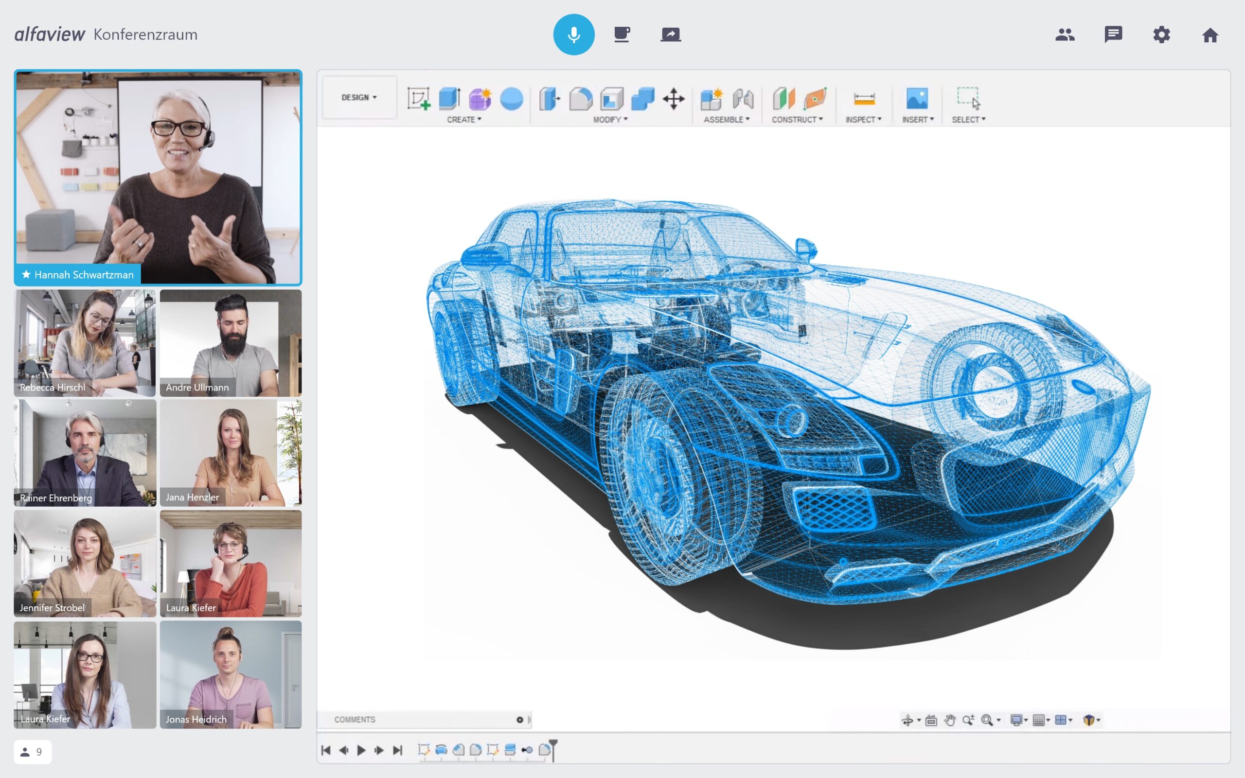 This image shows 8 participants and 1 VIP in an alfaview with an active screen sharing showing a blue CAD model of a car.