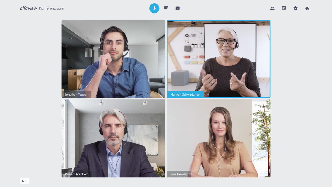 This image shows four people in an online meeting using alfaview.