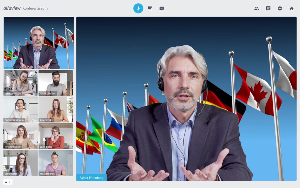 The image shows a virtual conference in alfaview with th speaker displayed in the presentation area using the second camera.