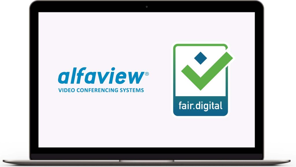 Der Bildschirm eines Laptops. Zu sehen sind das alfaview Logo sowie das Logo von fair digital