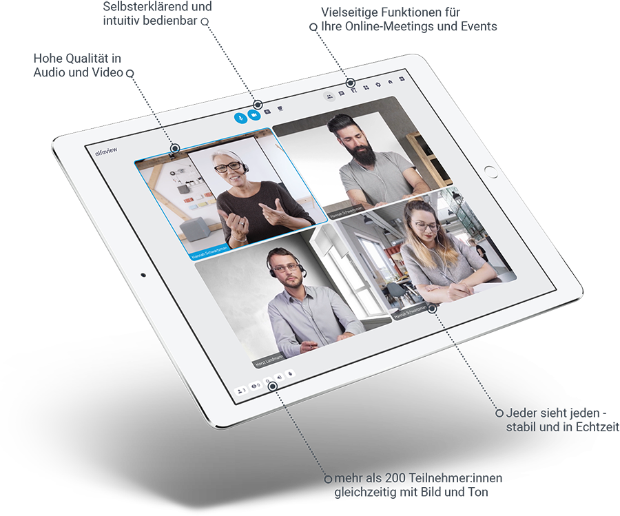 Tablet mit Videokonferenz mit vier Personen