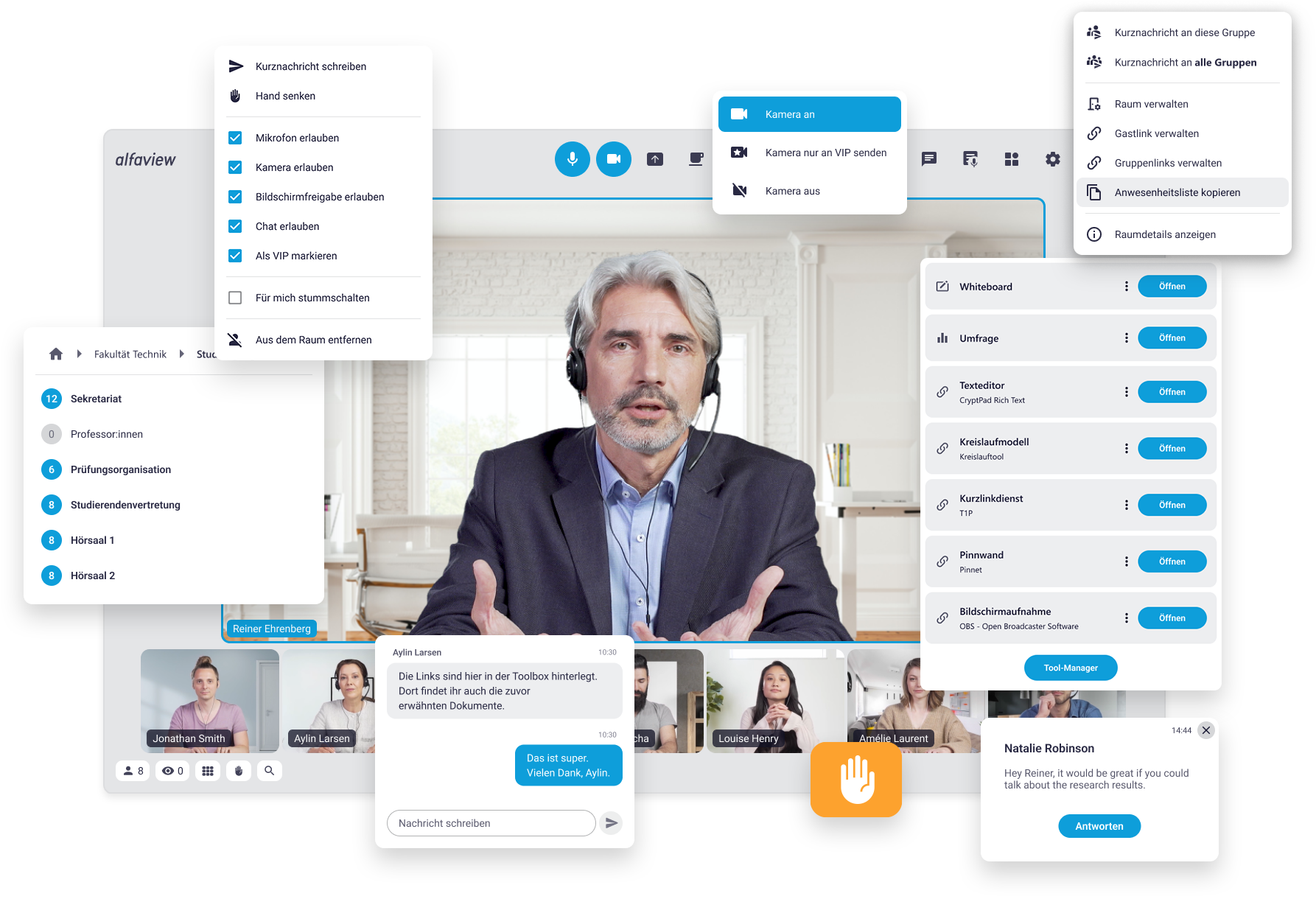 alfaview mit hervorgehobenen Funktionen: Raumliste, Kontextmenü, Kameramenü, Toolbox, Chat, Hand heben