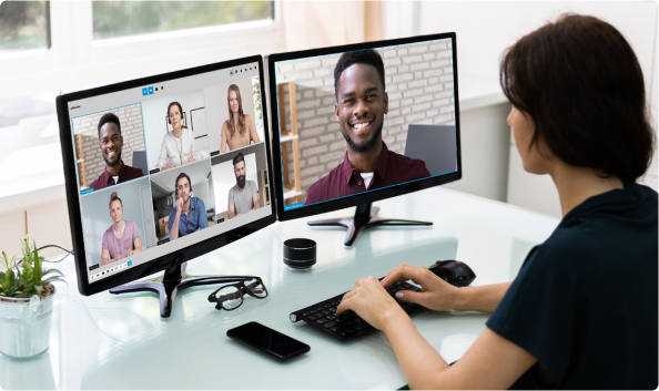 alfaview-Meeting mit abgedocktem VIP, der auf einem zweiten Monitor in einem eigenen Fenster groß dargestellt wird