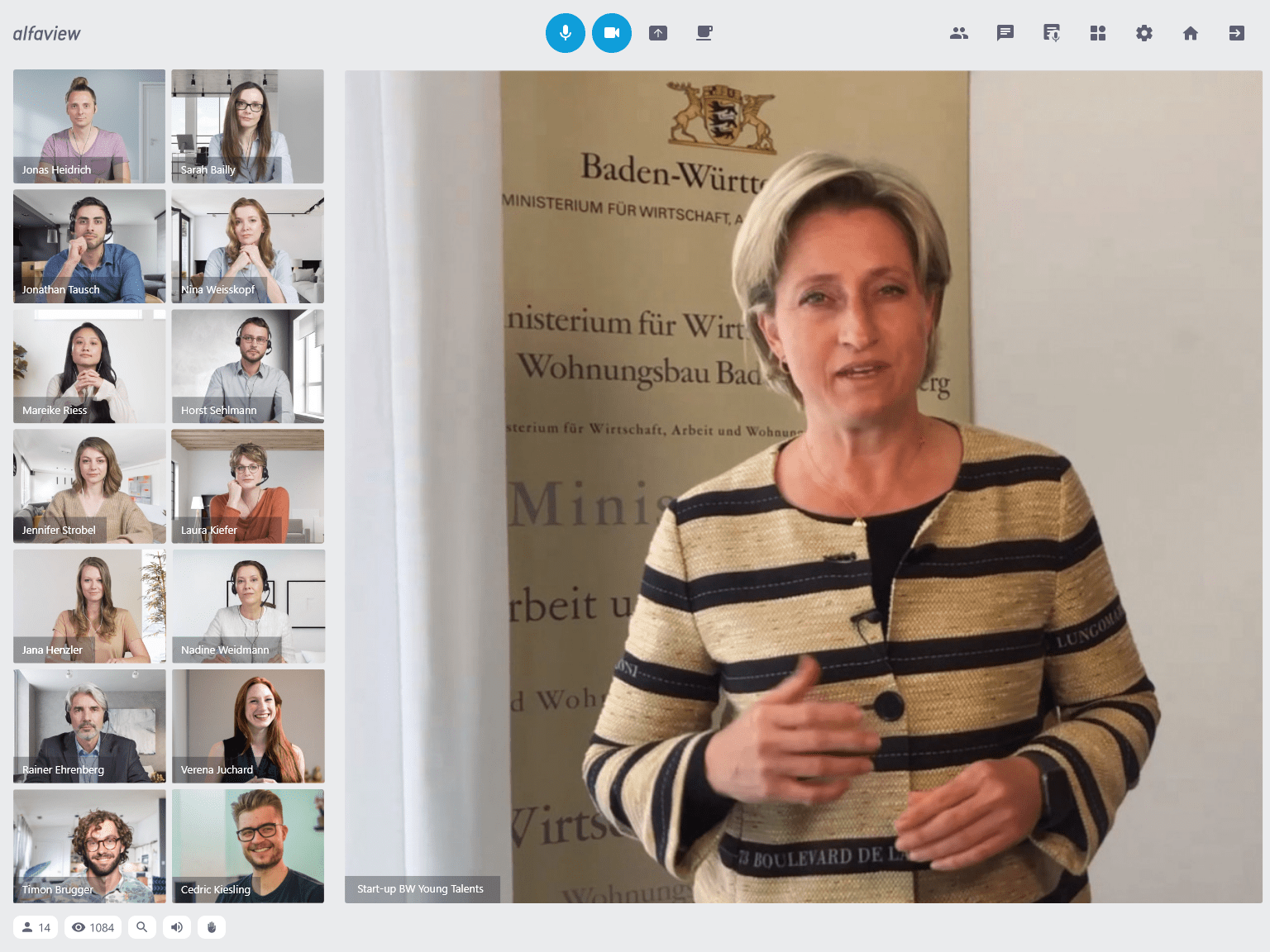 Wirtschaftsministerin begrüßt Teilnehmende in alfaview