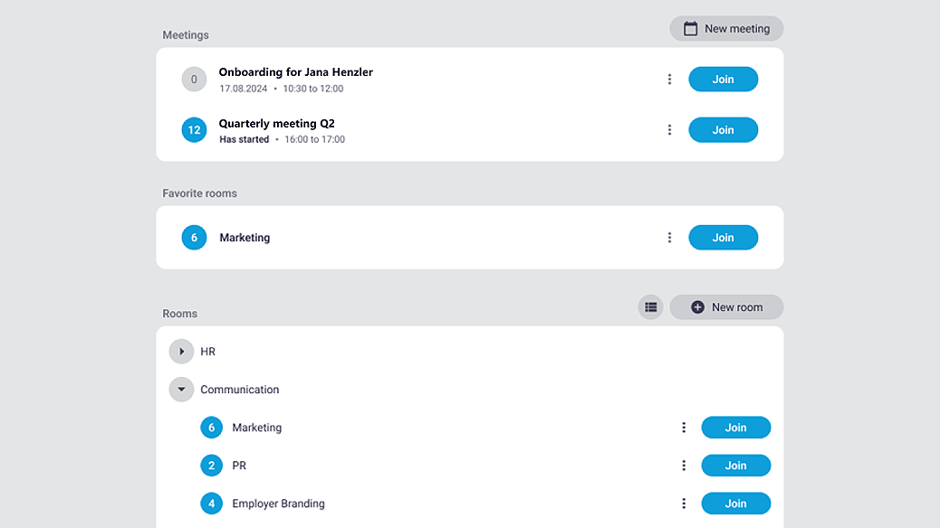 View of the room list in alfaview with all available rooms, meetings and favorite rooms