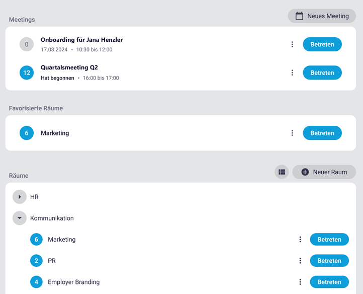 Meeting- und Raumliste der alfaview-App. Es werden zwei bevorstehende Meetings mit Datum und Uhrzeit angezeigt.