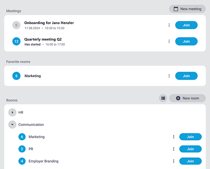 Meeting and room list of the alfaview app. Two upcoming meetings are displayed with date and time. 