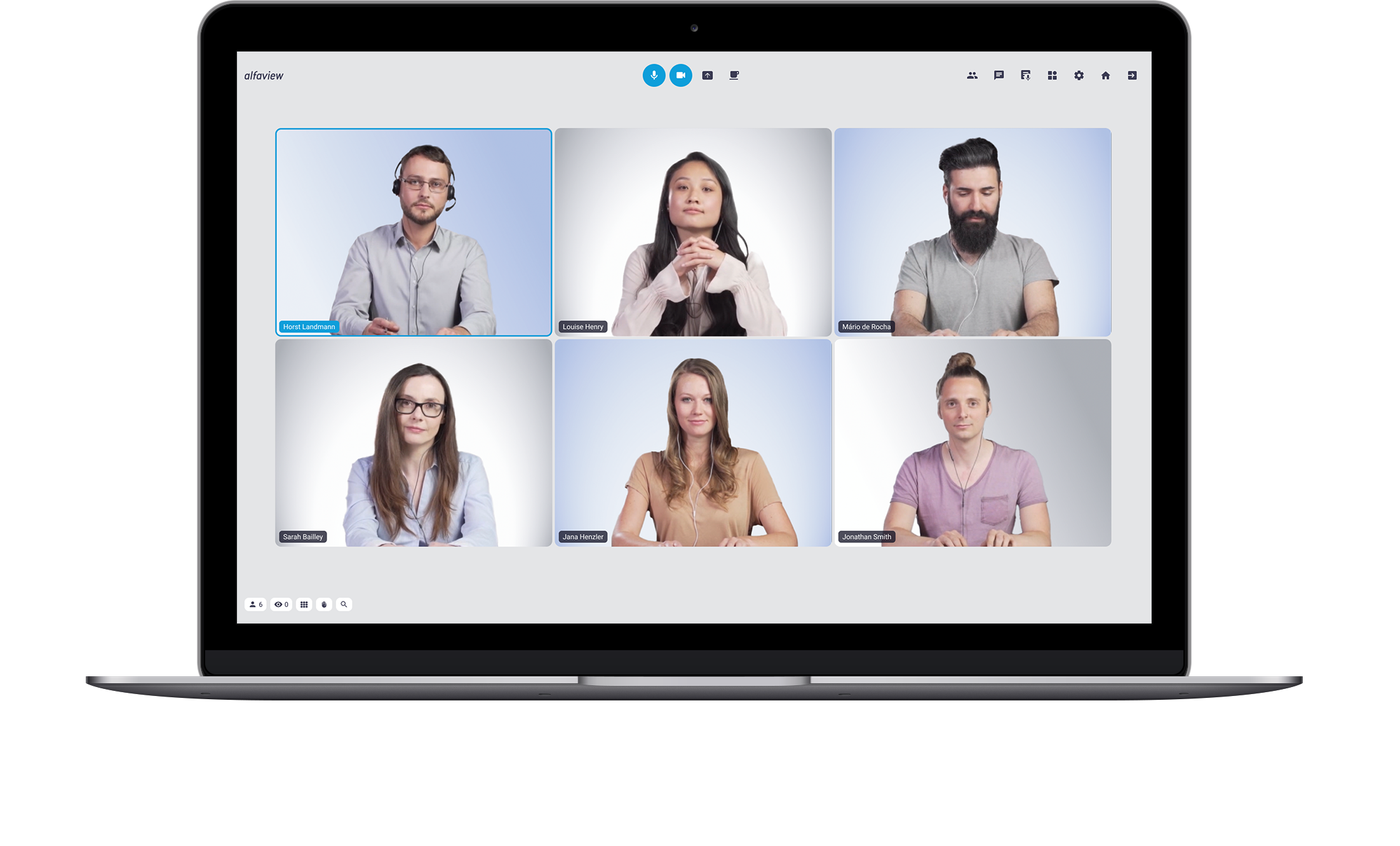 Videokonferenz mit 6 Teilnehmenden, die virtuelle Hintergründe nutzen