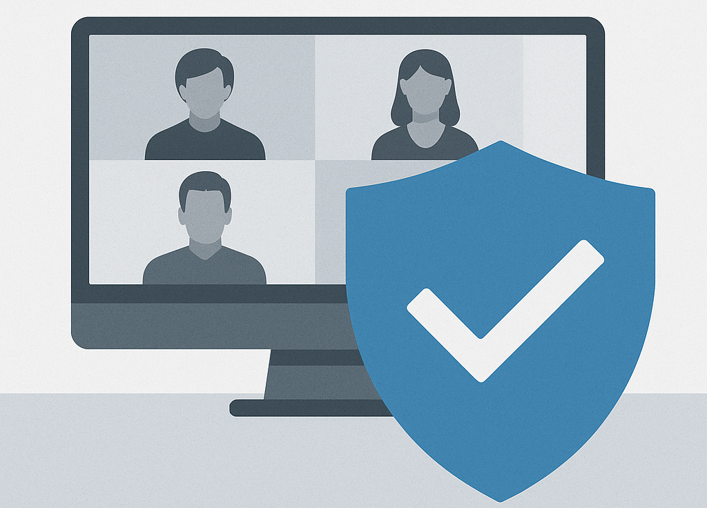 IT-Security-Schild vor einem Bildschirm mit Videokonferenz.