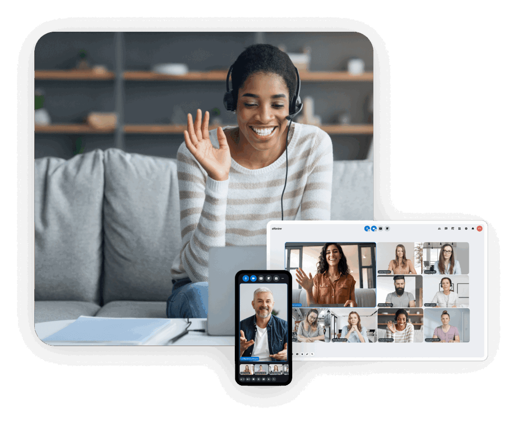 Dreigeteiltes Bild mit einer Frau im Homeoffice, die mit Headset vor ihrem Laptop in eine Videokonferenz winkt, sowie alfaview-Videokonferenzen auf Smartphone und Desktop.