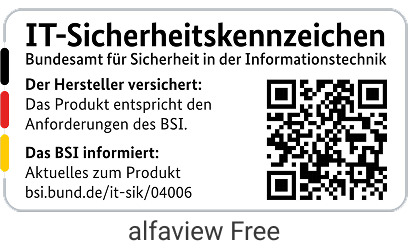 IT-Sicherheitskennzeichen des BSI für alfaview Free