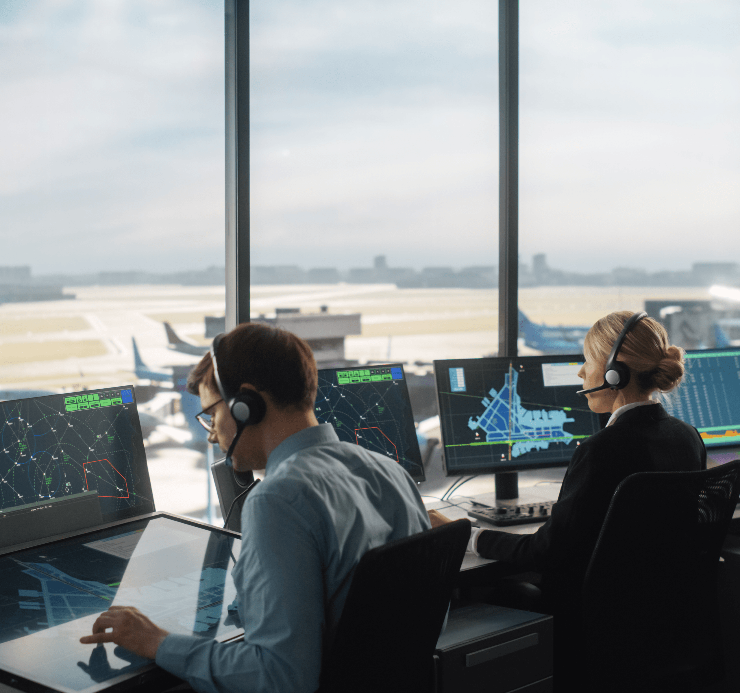 Fluglotsinnen mit Headsets sitzen in einem Tower und überwachen den Flugverkehr.