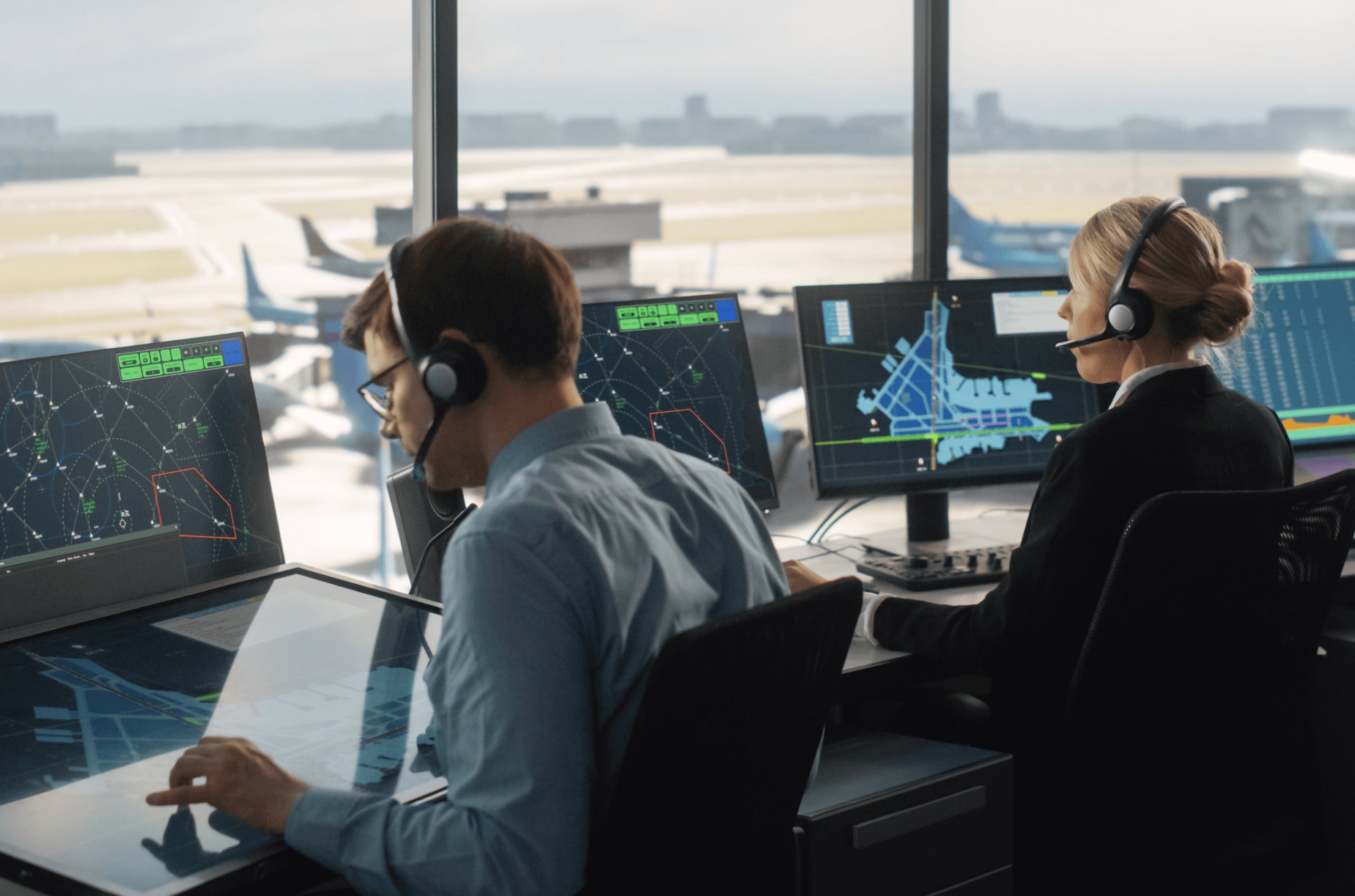 Fluglotsinnen mit Headsets sitzen in einem Tower und überwachen den Flugverkehr.