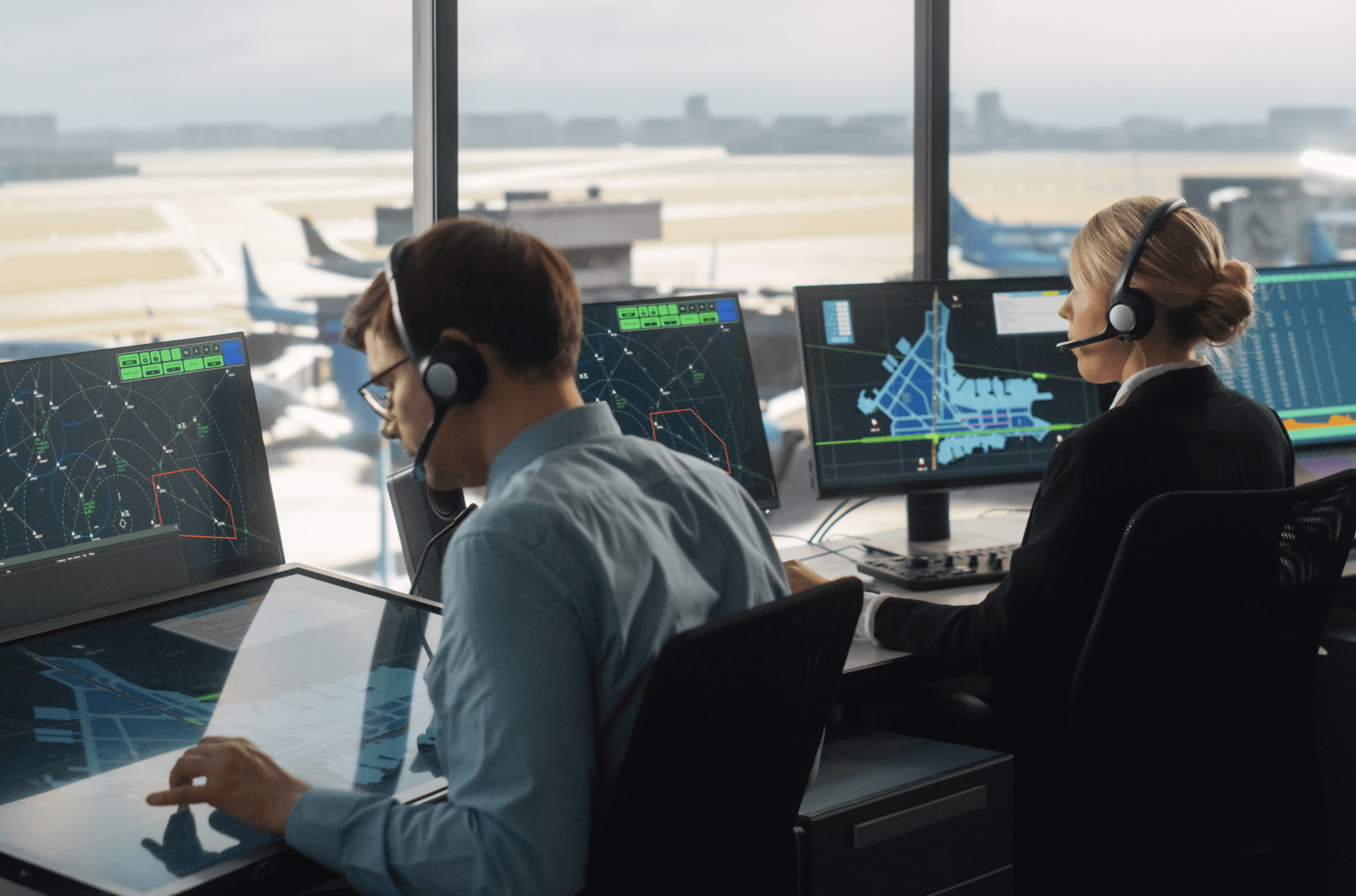 Fluglotsinnen mit Headsets sitzen in einem Tower und überwachen den Flugverkehr.
